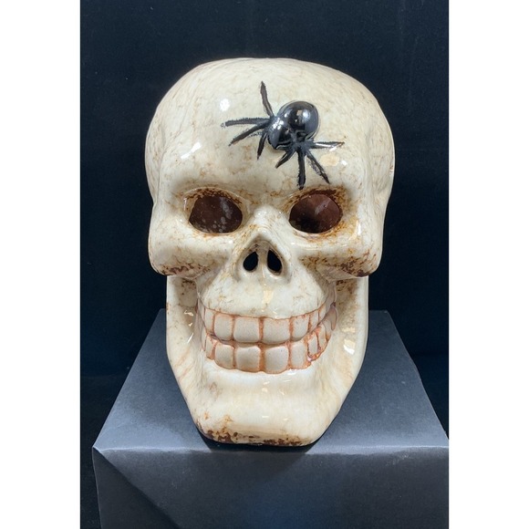 The Unbranded Brand Other - Ceramic Skull Candle Holder Halloween Decor Spider Bat Cutouts Mottled Glaze